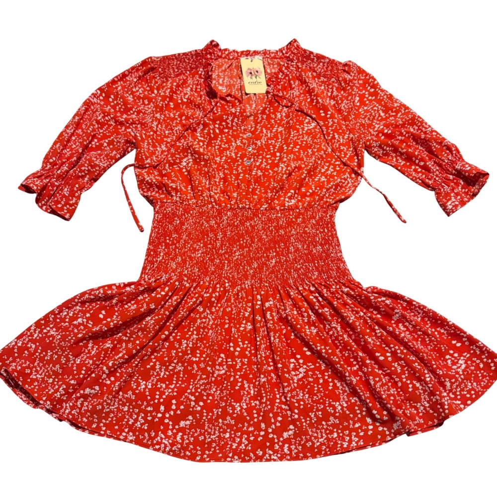 Entro Reddish Orange Floral Smocked Waist Mini Dress NWT 3/4 Sleeve V-Neck Med